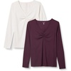 Amazon Essentials Women’s Cinched V-Neck Long Sleeve Slim-Fit Rib-Knit Stretchy T-Shirt, Pack of 2(Burgundy/Eggshell White)