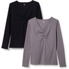 Amazon Essentials Women’s Cinched V-Neck Long Sleeve Slim-Fit Rib-Knit Stretchy T-Shirt, Pack of 2(Grey/Black)