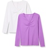 Amazon Essentials Women’s Cinched V-Neck Long Sleeve Slim-Fit Rib-Knit Stretchy T-Shirt, Pack of 2(Purple/White)