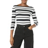 Amazon Essentials Women’s Slim-Fit 3/4 Sleeve Boat Neck Tops Cotton Modal T-Shirt(Black White Placed Stripe)