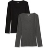 Amazon Essentials Women’s Slim-Fit Long Sleeve V-Neck Knit Rib Shirts (Available in Plus Size), Pack of 2(Black/Charcoal Heather)