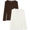Amazon Essentials Women’s Slim-Fit Long Sleeve V-Neck Knit Rib Shirts (Available in Plus Size), Pack of 2(Eggshell White/Espresso)