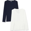 Amazon Essentials Women’s Slim-Fit Long Sleeve V-Neck Knit Rib Shirts (Available in Plus Size), Pack of 2(White/Navy)