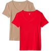 Amazon Essentials Women’s Slim-Fit Short-Sleeve V-Neck T-Shirt, Pack of 2(Bright Poppy Red/Tan)