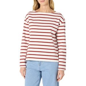 Amazon Essentials Women’s 100% Cotton Heavyweight Relaxed-Fit Long-Sleeve Boatneck Top(Eggshell White Mariner Stripe)