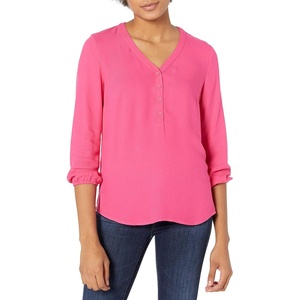 Amazon Essentials Women’s 3/4 Sleeve Button Popover Shirt, Loose-Fit V-Neck Blouse, Lightweight(Hot Pink)