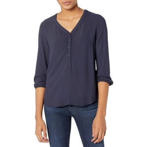 Amazon Essentials Women’s 3/4 Sleeve Button Popover Shirt, Loose-Fit V-Neck Blouse, Lightweight(Navy)