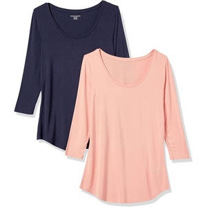 Amazon Essentials Women’s 3/4 Sleeve Scoopneck Tunic Top, Pack of 2(Navy / Coral Pink)