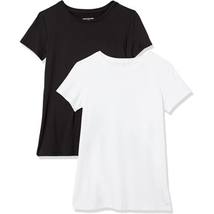 Amazon Essentials Women’s Active Quick Dry Tech Stretch Short-Sleeve V-Neck T-Shirt, Moisture-Wicking, Pack of 2(Black/Bright White)