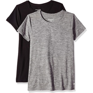Amazon Essentials Women’s Active Quick Dry Tech Stretch Short-Sleeve V-Neck T-Shirt, Moisture-Wicking, Pack of 2(Black/Dark Grey Space Dye)