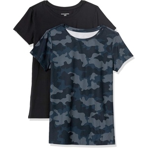 Amazon Essentials Women’s Active Quick Dry Tech Stretch Short-Sleeve V-Neck T-Shirt, Moisture-Wicking, Pack of 2(Black/Navy Camo)
