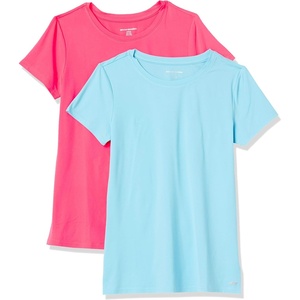 Amazon Essentials Women’s Active Quick Dry Tech Stretch Short-Sleeve V-Neck T-Shirt, Moisture-Wicking, Pack of 2(Blue/Neon Pink)