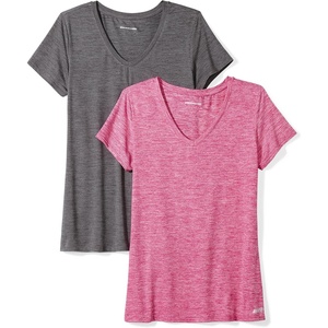 Amazon Essentials Women’s Active Quick Dry Tech Stretch Short-Sleeve V-Neck T-Shirt, Moisture-Wicking, Pack of 2(Charcoal Heather Space Dye/Raspberry Red Space Dye)