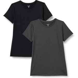 Amazon Essentials Women’s Active Quick Dry Tech Stretch Short-Sleeve V-Neck T-Shirt, Moisture-Wicking, Pack of 2(Heather Graphite / Black)