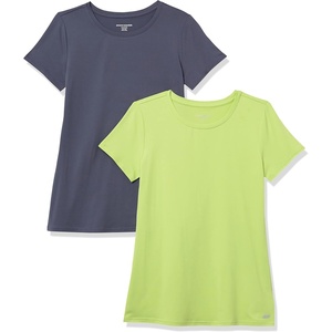 Amazon Essentials Women’s Active Quick Dry Tech Stretch Short-Sleeve V-Neck T-Shirt, Moisture-Wicking, Pack of 2(Lime Green/Slate Grey)