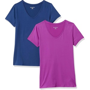 Amazon Essentials Women’s Active Quick Dry Tech Stretch Short-Sleeve V-Neck T-Shirt, Moisture-Wicking, Pack of 2(Navy/Orchid Purple)