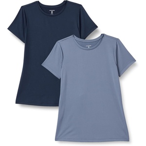 Amazon Essentials Women’s Active Quick Dry Tech Stretch Short-Sleeve V-Neck T-Shirt, Moisture-Wicking, Pack of 2(Slate Grey / Navy)