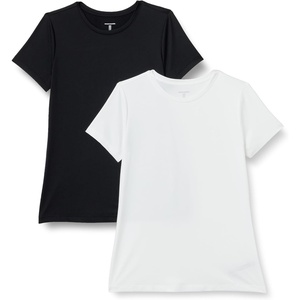 Amazon Essentials Women’s Active Quick Dry Tech Stretch Short-Sleeve V-Neck T-Shirt, Moisture-Wicking, Pack of 2(White / Black)