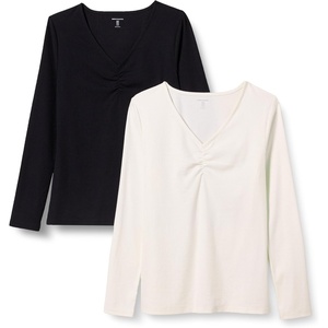 Amazon Essentials Women’s Cinched V-Neck Long Sleeve Slim-Fit Rib-Knit Stretchy T-Shirt, Pack of 2(Black/Eggshell White)