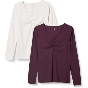 Amazon Essentials Women’s Cinched V-Neck Long Sleeve Slim-Fit Rib-Knit Stretchy T-Shirt, Pack of 2(Burgundy/Eggshell White)