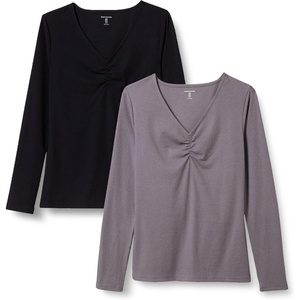 Amazon Essentials Women’s Cinched V-Neck Long Sleeve Slim-Fit Rib-Knit Stretchy T-Shirt, Pack of 2(Grey/Black)