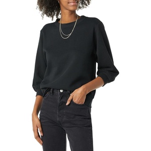 Amazon Essentials Women’s French Terry Fleece Crewneck Sweatshirt with Sleeve Detail, Three Quarter Sleeve, Loose Fit(Black)