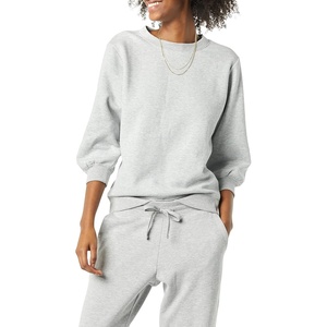 Amazon Essentials Women’s French Terry Fleece Crewneck Sweatshirt with Sleeve Detail, Three Quarter Sleeve, Loose Fit(Grey Heather)