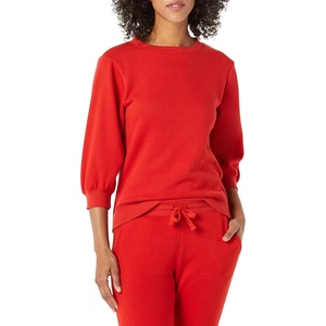 Amazon Essentials Women’s French Terry Fleece Crewneck Sweatshirt with Sleeve Detail, Three Quarter Sleeve, Loose Fit(Red)