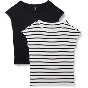 Amazon Essentials Women’s Jersey Regular-Fit Short-Sleeve Boat-Neck Dolman T-Shirt, Pack of 2(Black/French Stripes)