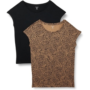 Amazon Essentials Women’s Jersey Regular-Fit Short-Sleeve Boat-Neck Dolman T-Shirt, Pack of 2(Black/Small Ikat Animal)