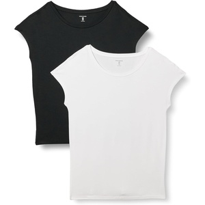 Amazon Essentials Women’s Jersey Regular-Fit Short-Sleeve Boat-Neck Dolman T-Shirt, Pack of 2(Black/White)
