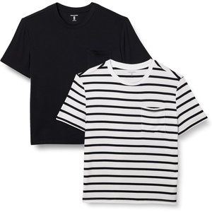 Amazon Essentials Women’s Jersey Relaxed-Fit Short-Sleeve Crewneck Pocket T-Shirt, Pack of 2(Black/French Stripes)