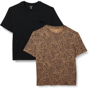 Amazon Essentials Women’s Jersey Relaxed-Fit Short-Sleeve Crewneck Pocket T-Shirt, Pack of 2(Black/Small Ikat Animal)