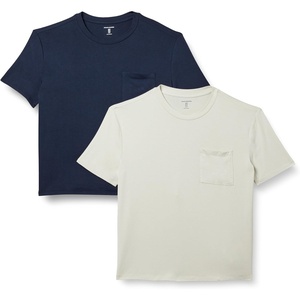 Amazon Essentials Women’s Jersey Relaxed-Fit Short-Sleeve Crewneck Pocket T-Shirt, Pack of 2(Navy/Sand)