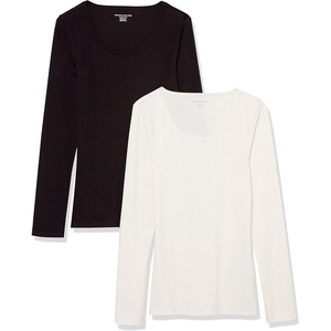 Amazon Essentials Women’s Long Sleeve Slim-Fit Rib Scoop Neck Sweater (Available in Plus Size), Pack of 2(Black/Eggshell White)