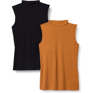 Amazon Essentials Women’s Mock-Neck Slim-Fit Ribbed Knit Cotton Sleeveless Top, Pack of 2(Black/Caramel)