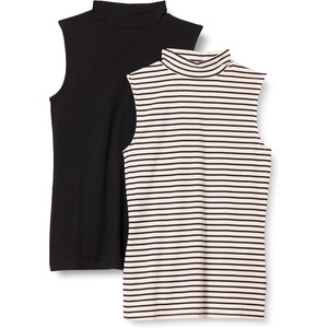 Amazon Essentials Women’s Mock-Neck Slim-Fit Ribbed Knit Cotton Sleeveless Top, Pack of 2(Black/French Stripe)