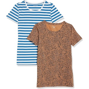 Amazon Essentials Women’s Regular-Fit Short-Sleeve Crewneck T-Shirt, Multipacks(2-pack Camel/Black Ikat Animal/Blue/White Stripe)