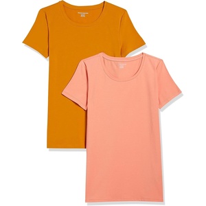 Amazon Essentials Women’s Regular-Fit Short-Sleeve Crewneck T-Shirt, Multipacks(2-pack Coral Orange/Golden Yellow)