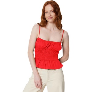 Amazon Essentials Women’s Regular-Fit Smocked Cotton Stretch Poplin Tank(Red)