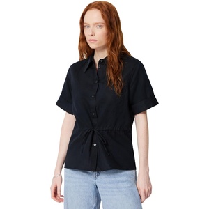 Amazon Essentials Women’s Relaxed-Fit Linen Blend Wide Sleeve Shirt with Adjustable Waist(Black)
