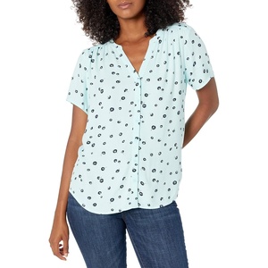 Amazon Essentials Women’s Relaxed-Fit Short-Sleeve V Neck Button-Front Woven Blouse, Business Casual Work Blouse(Aqua Poppy)