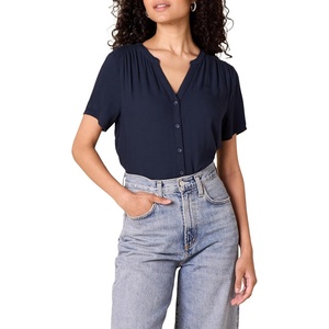 Amazon Essentials Women’s Relaxed-Fit Short-Sleeve V Neck Button-Front Woven Blouse, Business Casual Work Blouse(Navy)