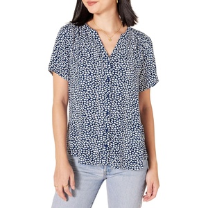 Amazon Essentials Women’s Relaxed-Fit Short-Sleeve V Neck Button-Front Woven Blouse, Business Casual Work Blouse(Navy White Petal)