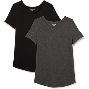 Amazon Essentials Women’s Short-Sleeve Scoopneck Tunic Tops T-Shirt, Stretchy, Pack of 2(Black / Charcoal Heather)