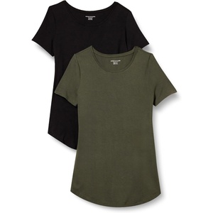 Amazon Essentials Women’s Short-Sleeve Scoopneck Tunic Tops T-Shirt, Stretchy, Pack of 2(Black / Olive)