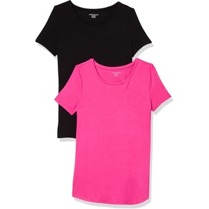 Amazon Essentials Women’s Short-Sleeve Scoopneck Tunic Tops T-Shirt, Stretchy, Pack of 2(Black/ Dark Pink)