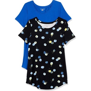 Amazon Essentials Women’s Short-Sleeve Scoopneck Tunic Tops T-Shirt, Stretchy, Pack of 2(Black Graphic Bud/Cobalt)