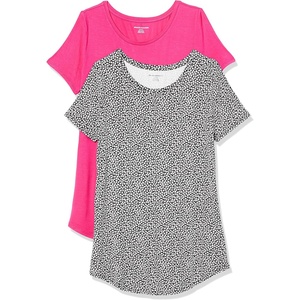 Amazon Essentials Women’s Short-Sleeve Scoopneck Tunic Tops T-Shirt, Stretchy, Pack of 2(Black Tulips/Bright Pink)