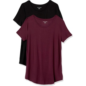 Amazon Essentials Women’s Short-Sleeve Scoopneck Tunic Tops T-Shirt, Stretchy, Pack of 2(Black/Burgundy)